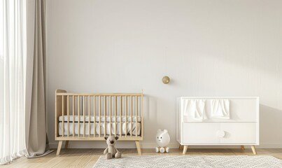 A nursery interior with a crib, a dresser, stuffed animals, a potted plant, and a woven pendant lamp
