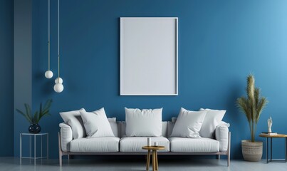 A minimalist living room interior with a white sofa, a coffee table, and a blank frame on the wall