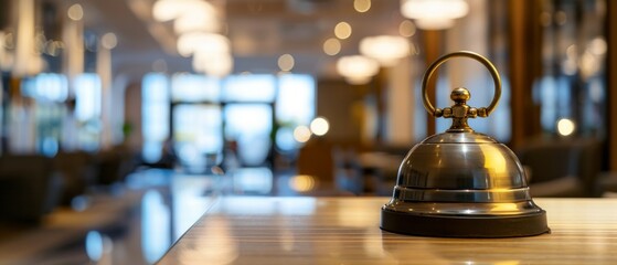 Image of a gold bell on a desk in a hotel lobby. Warm lighting, tables, and plants create an inviting atmosphere. Nighttime setting with a cozy ambience.