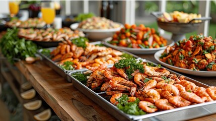 Obraz premium A lavish seafood buffet featuring various shrimp and vegetable dishes on display.