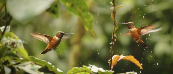 Obraz premium Two vibrant hummingbirds hover near plants in a rainforest setting, one with purple and green plumage, the other greenish. Both are feeding on nectar, surrounded by water droplets