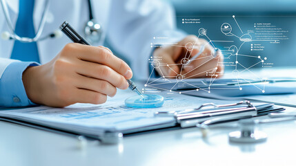 physician conducting research with microscope and data analysis