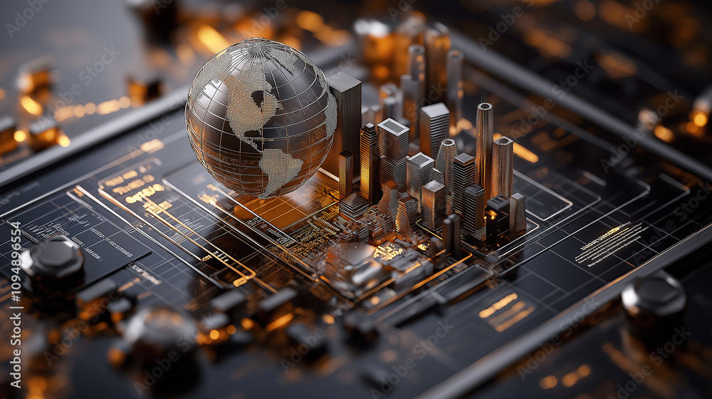 Aufkleber 3d globe on circuit board with city skyline, representing technology and innovation