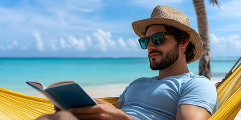 Fototapeta premium Man journaling about his goals while relaxing on a beach hammock during a sunny day near the ocean's shore