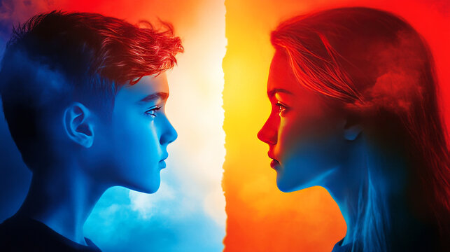 A Vivid Display of Duality: A Boy and Girl Face Each Other with Contrasting Blue and Red Backgrounds Representing Two Opposing Emotions and Perspectives