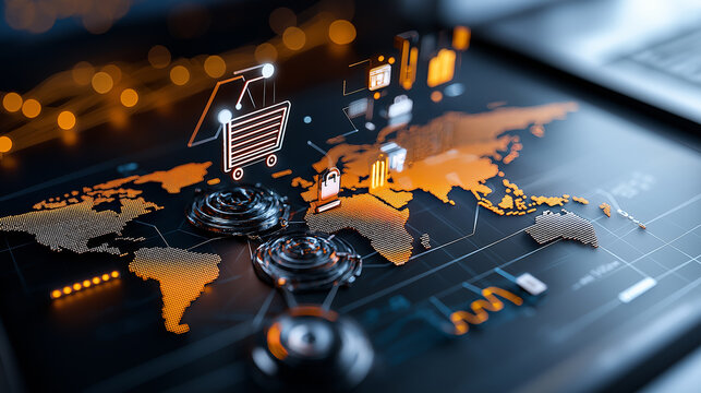 global map illustrating e commerce sales distribution with digital elements - Powered by Adobe