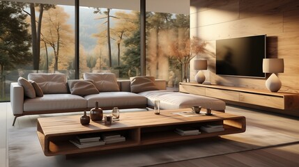 Scandinavian-inspired living room featuring a wooden coffee table between a sofa and TV. A design focused on simplicity and functionality.