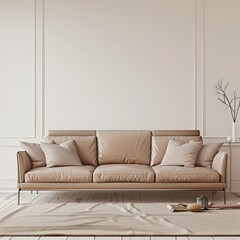 A white wall with a beige tufted sofa, three pillows, and a potted plant