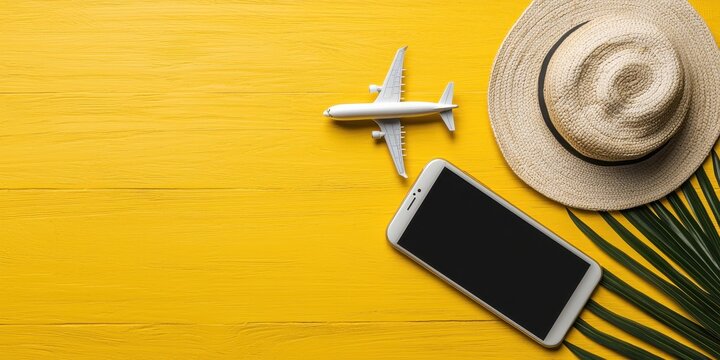 Stylish Summer Vacation Planning with Smartphone, Airplane Model, Palm Leaf, and Sun Hat on Bright Yellow Background to Inspire Travel Enthusiasts and Adventurers - Powered by Adobe