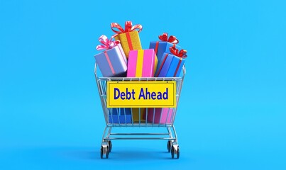 A shopping cart filled with colorful presents and a warning sign about debt, highlighting financial awareness.