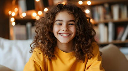 Obraz premium Smiling teenage girl enjoying cozy atmosphere in well-decorated room promoting mental health awareness