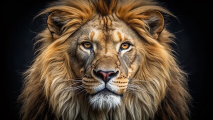 Naklejka premium Captivating Macro Portrait of a Male Lion Against a Dramatic Black Background Showcasing Majestic Features and Intense Gaze, Perfect for Wildlife and Nature Enthusiasts