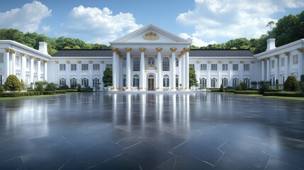 This neoclassical mansion features large columns and gold accents, nestled in lush greenery under a sunny sky, showcasing timeless elegance