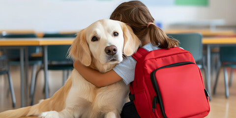 Emotional support from a therapy dog during a comforting moment for a child in a classroom setting