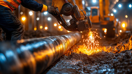 technician using heavy machinery to repair pipeline, sparks flying