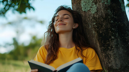Woman enjoying peaceful moment under a tree while reading a book for mental health awareness in nature during a sunny day