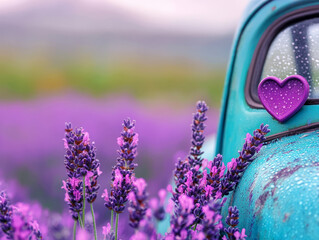 Vintage turquoise truck with a purple heart sticker amidst vibrant lavender flowers in a dreamy landscape with a soft bokeh background