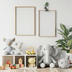 Three empty picture frames on a white wall in a kid's room with stuffed animals and a potted plant