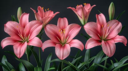 Fototapeta premium Stunning arrangement of pink lilies showcasing their delicate petals and vibrant colors in a serene setting. Generative AI