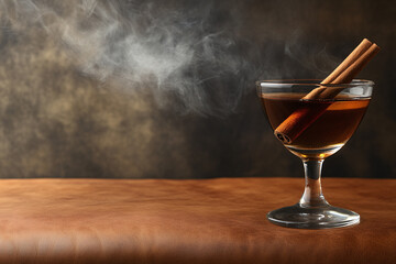 Smoking cinnamon stick garnish on craft bourbon cocktail, leather bar surface.