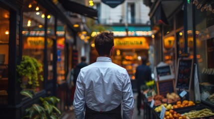 Obraz premium A person walks through a vibrant market filled with fresh produce and charming shops.