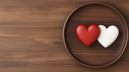 Fototapeta premium love anniversary concept. Two heart-shaped decorations, one red and one white, are displayed together on a wooden surface inside a circular frame.