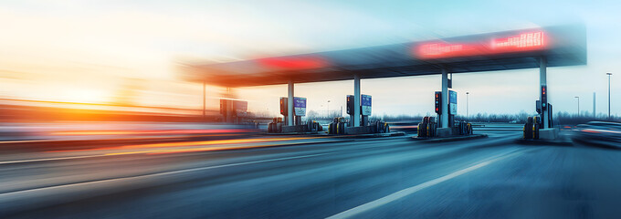 A highway toll booth featuring a prominent digital price display, showcasing the modern infrastructure of toll collection. The image highlights the advanced technology in transportation, with a clear 