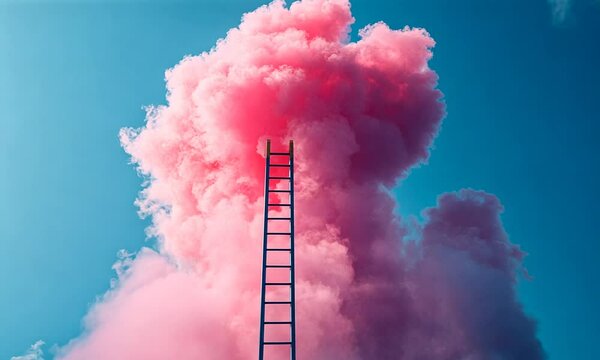 A pink cloud with a ladder reaching towards it.