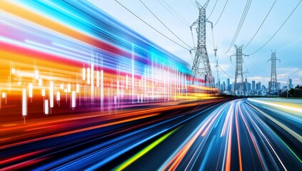 Stock market graph with red and blue lines, set against electric power grid or city at night