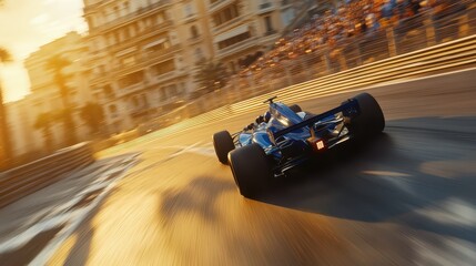 Monaco Grand Prix: Electric Blue Open-Wheel Racing Car Navigates Hairpin Turn Under Mediterranean Sunset, Capturing Motion and Crowd Excitement with Cinematic Flair.