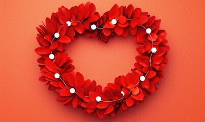 Obraz premium A vibrant heart-shaped wreath made of red petals on an orange background, symbolizing love and celebration.