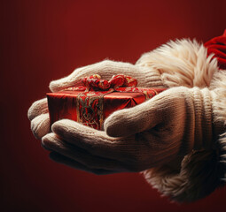 gift box in Santa hands on red background, close up