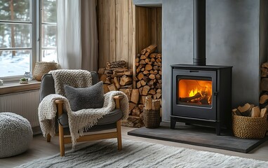 Cozy living room with fireplace and armchair by the window in winter.