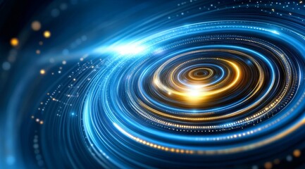 Fototapeta premium Abstract background with golden spiral, glowing dots, and light swirls in dark blue space