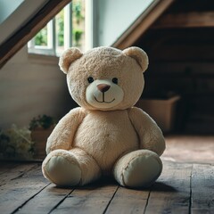 Lonely Teddy Bear in Dusty Attic with Soft Lighting
