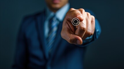 A man in a suit points a pen towards the viewer, conveying authority and focus.