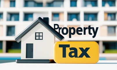 Fototapeta premium An illustration depicting property tax with a small house model and a yellow tax sign, symbolizing real estate finance.