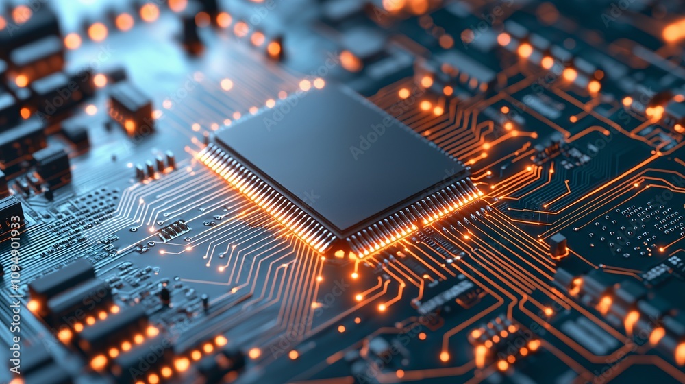 Poster close-up of a computer circuit board with a central processing unit, highlighting the intricacies of