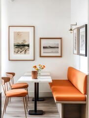 Modern Dining Nook With Orange Seating And Artwork