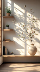 An office space with bright lighting and white walls in a modern, minimalistic style. Widely spaced shelves in light brown and beige tones are neatly arranged with a few books, elegant ornaments.