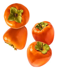 Fresh ripe Persimone fruit falling in the air isolated on white background, food levitation or zero gravity conception