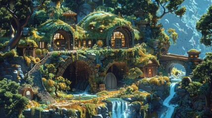 Obraz premium A whimsical, lush hillside village with cozy homes, waterfalls, and vibrant greenery.