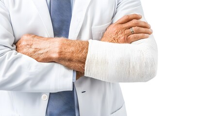Broken arm in medical cast, focus on senior's wrist and hand, white background