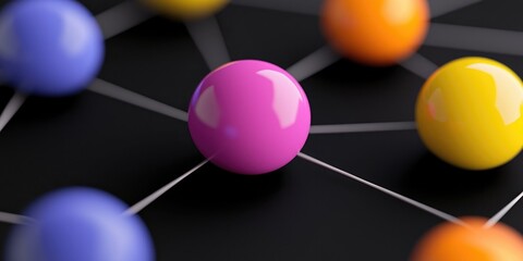 Obraz premium Colorful abstract spheres connected by lines, representing connections and networks in technology and science.