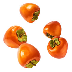 Fresh ripe Persimone fruit falling in the air isolated on white background, food levitation or zero gravity conception