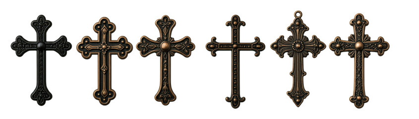 Set bundle religious holy easter christian catholic orthodox cross, black chrome bronze metal intricate collection, on transparent cutout PNG file. Many different style. Mockup template artwork design