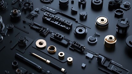 Flat Lay Composition of Various Mechanical Parts and Components on a Dark Surface, Featuring Gold and Black Elements for Industrial and Technology Concepts