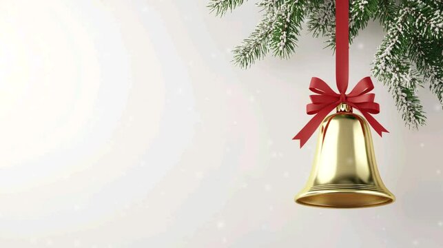 A golden Christmas bell with red ribbon and pine leaves, copy space for text, video footage greeting card.