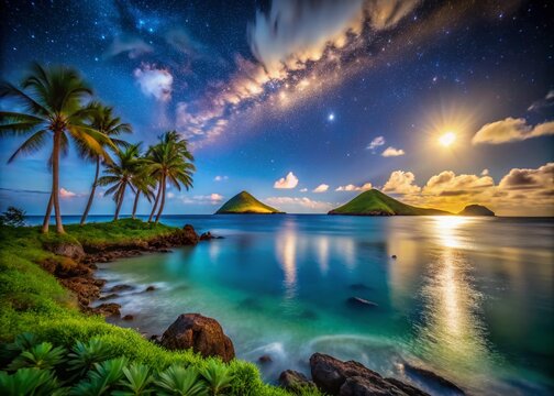 Captivating Night Photography of Mokes Hawaii Showcasing the Serene Beauty of the Islands Under a Starry Sky with Gentle Waves and Lush Greenery in the Background