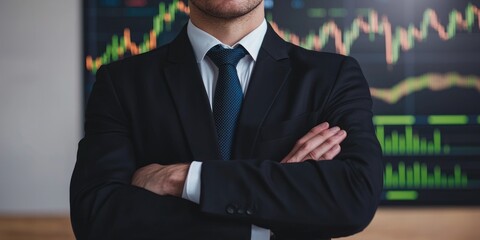 Confident businessman stands in front of a financial chart, showcasing professionalism and success in the corporate world.